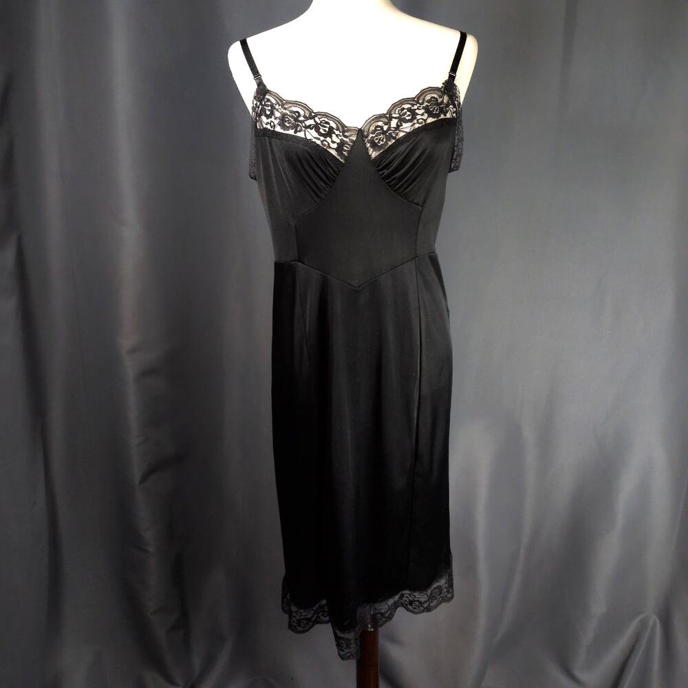 VTG Aristocraft Black Lace Trim Nightgown Bias Basque Waist Slip Dress 38 Tall